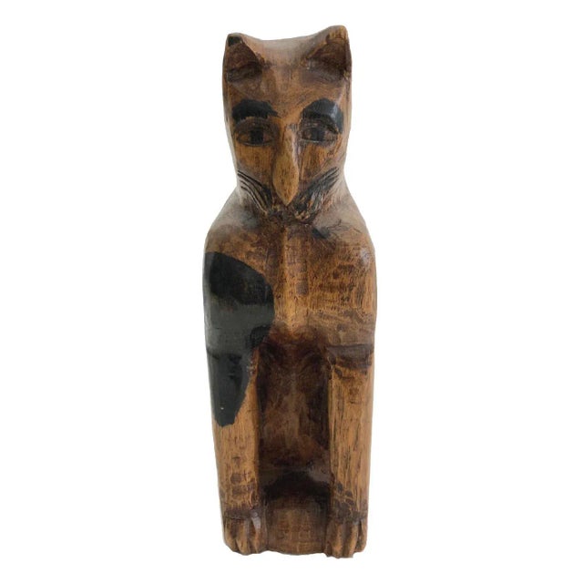 Early 20th Century Antique Early Folk Art Carved Cat With Human-Like Face For Sale - Image 5 of 7