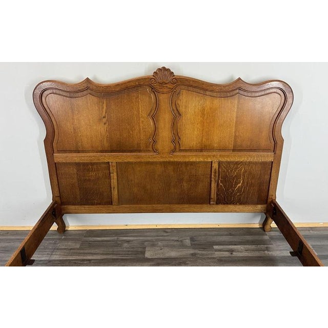 Vintage French Louis XVI Style Oak Double Bed Frame with Carved Headboard For Sale - Image 5 of 8