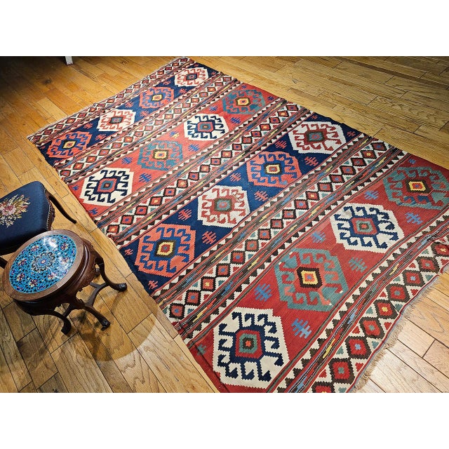 19th Century Caucasian Kazak Kilim, Geometric Pattern, Wool Flatweave, Blue & Green, 7' X 12' For Sale - Image 10 of 18