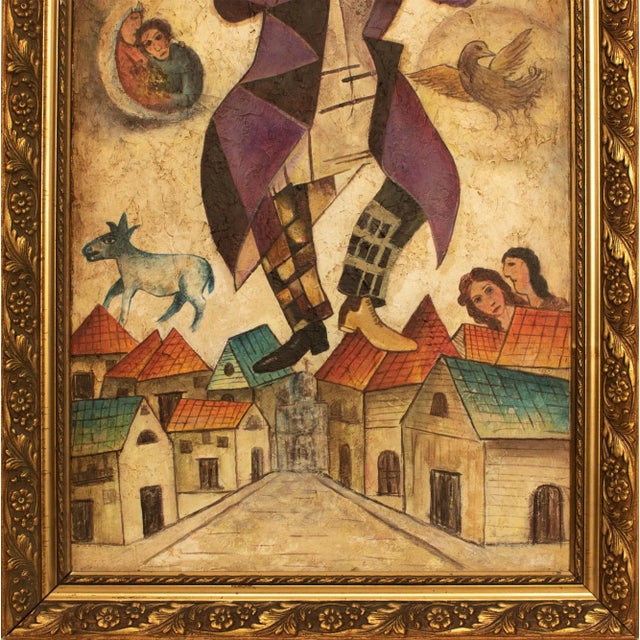 Modern Homage to Chagall, Large Vintage Cubist Painting For Sale - Image 3 of 7