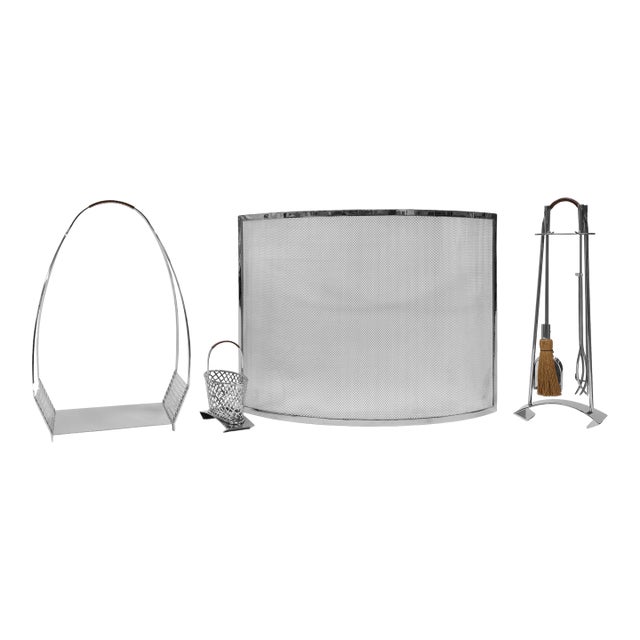 Mid Century Stainless Steel Fireplace Set For Sale