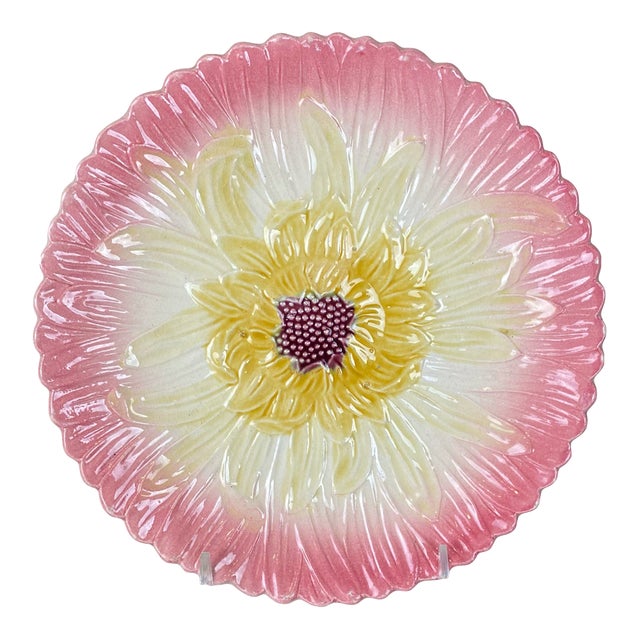 French Orchies Majolica Pink Daisy Floral Plate Circa 1890 For Sale