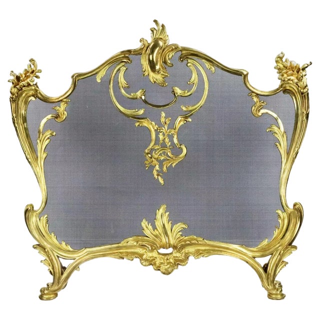 Louis Xv Style Fireplace Screen in Gilded Bronze with Metal Protective Mesh For Sale