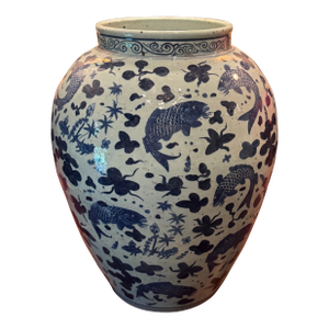 Vintage Extra Large Chinoiserie Vase Birds Fish Bees Butterflies