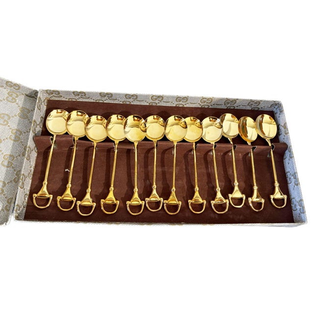 Vintage Set of 12 Gucci Gold-Plated Coffee or Demitasse /Coffee Spoons Horsebit Style Handles, For Sale In New York - Image 6 of 10