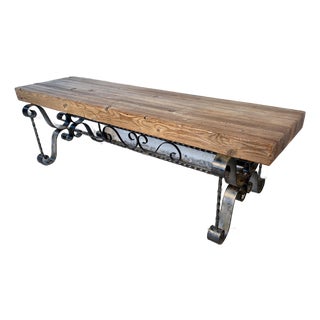 Mid 20th Century Rustic Industrial Wrought Iron Butcher-Block Bench For Sale