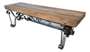 Mid 20th Century Rustic Industrial Wrought Iron Butcher-Block Bench