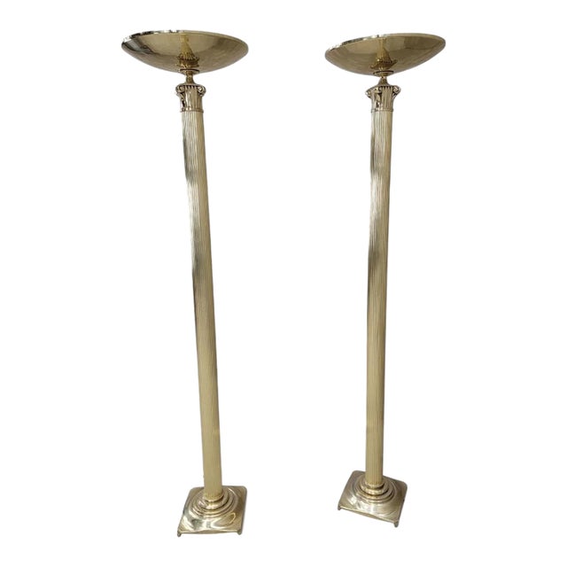 Vintage Art Deco Rembrandt Brass Corinthian Column Torchiere Floor Lamp - Pair For Sale