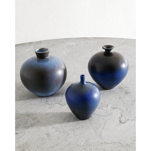 Swedish Mid Century Decorative Blue-Brown Vases by Berndt Friberg for Gustavsberg Sweden, 1970s, Set of 3 For Sale - Image 3 of 13