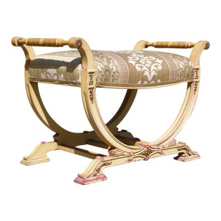 Vintage Neoclassical Style Upholstered Curule Stool Carved X-Frame Vanity Bench For Sale