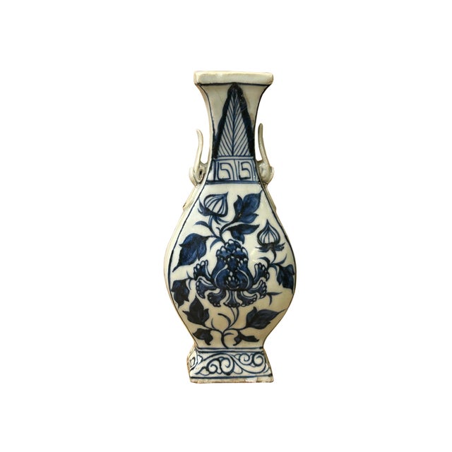 Small Distressed Finish Pear Shape Blue White Graphic Porcelain Vase For Sale - Image 4 of 8