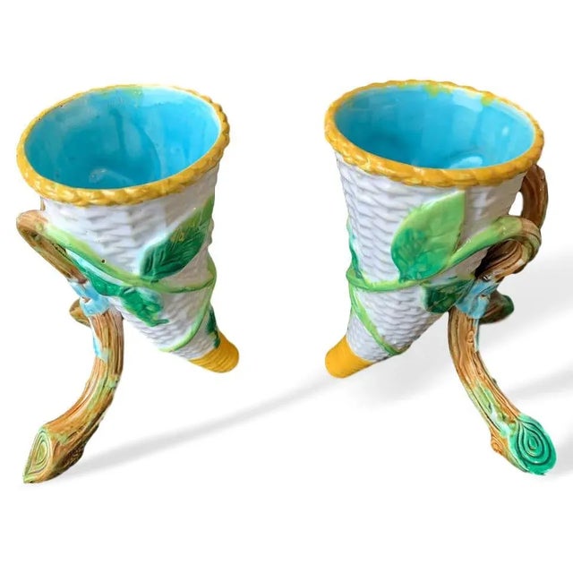 George Jones George Jones Majolica Vases White Wicker, Turquoise Lined, English, 1875 - a Pair For Sale - Image 4 of 13