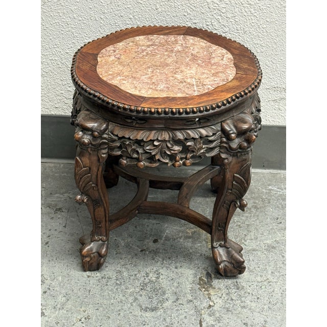 Chinese Antique Chinese Carved Rosewood + Marble Plant Stand For Sale - Image 3 of 12