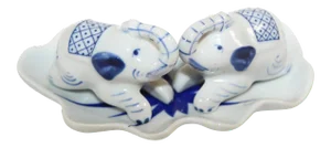 Vintage Porcelain Elephants Salt & Pepper Shakers with Tray - Set of 3