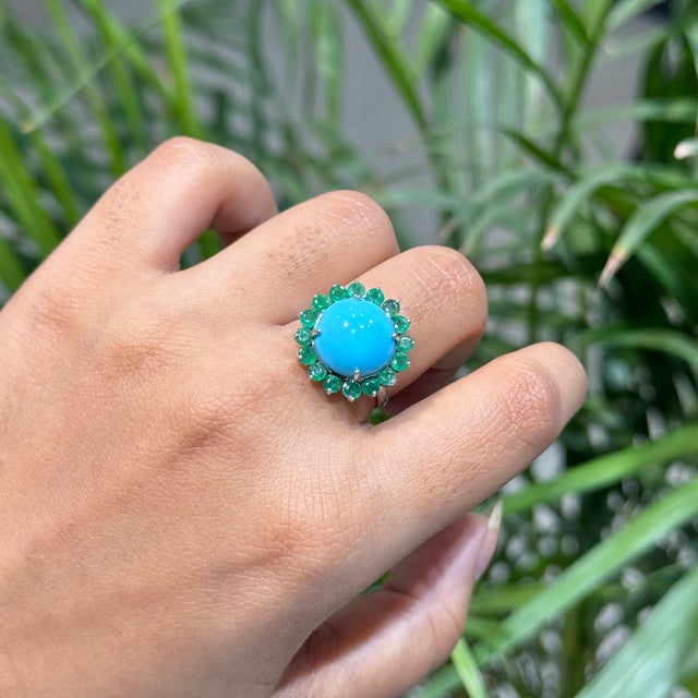 6.13ct Cabochon Turquoise & Emerald Halo Cocktail Ring in 14k White Gold Size 5 For Sale In New York - Image 6 of 18