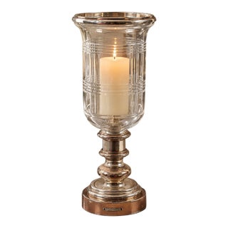 Ralph Lauren Home Silver-Tone Metal & Cut-Pattern Glass Hurricane Candle Holder For Sale