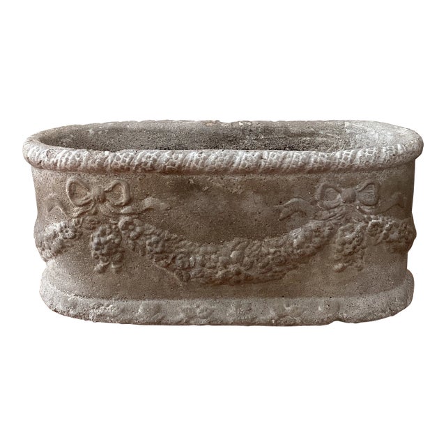 Vintage Concrete Petite Garden Oval Planter W/Sculptural Detail and Garland Swag For Sale