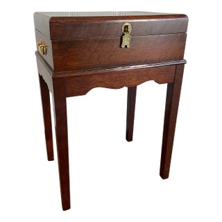 Mid 20th Century Petite Solid Wood Mahogany Finish Campaign Lidded Box on Stand Side Accent Table For Sale