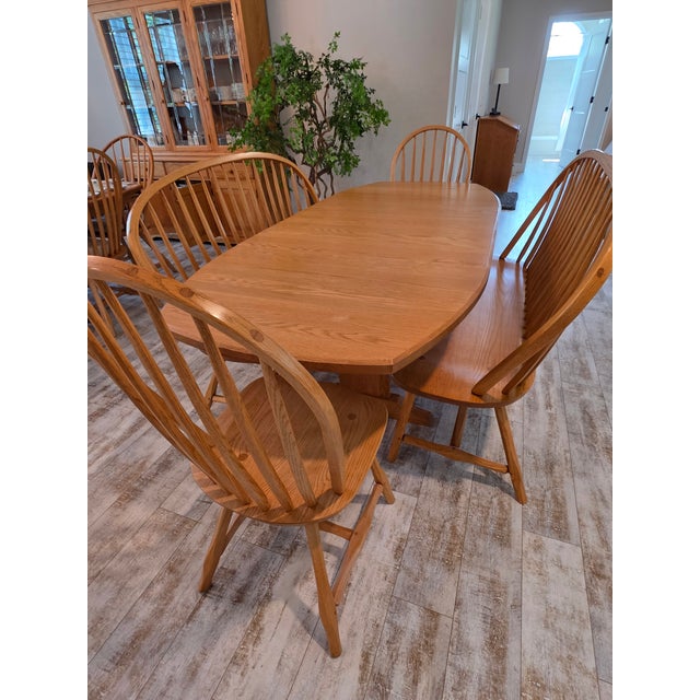 American Hunt Country Furniture Oak Dining Extension Table & Chairs For Sale - Image 3 of 12
