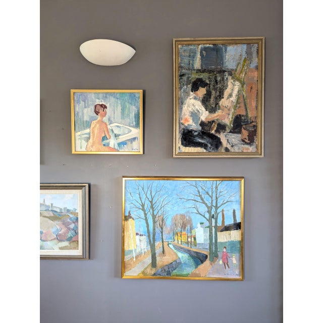 Mid-Century Modern 'Bath Time' Figurative Portrait Oil Painting, Framed For Sale - Image 4 of 11