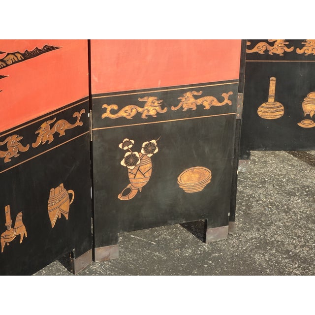 84"Tall Vintage Six Panel Oriental Asian Red Folding Screen Room Divider Palace For Sale - Image 18 of 18