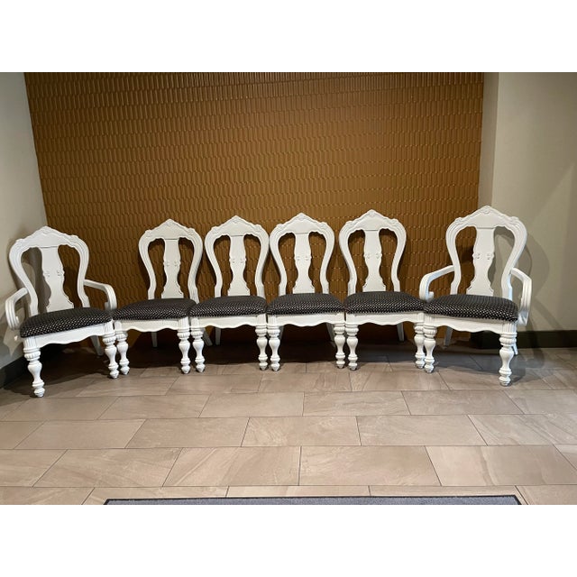 Wood Late 20th Century Carved French Provincial Upholstered Painted Dining Chairs, Set of 6 For Sale - Image 7 of 12