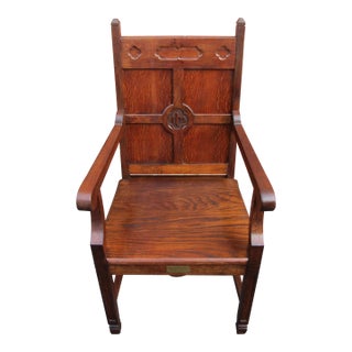 Antique Oak English Gothic Thrown Chair 1880s For Sale