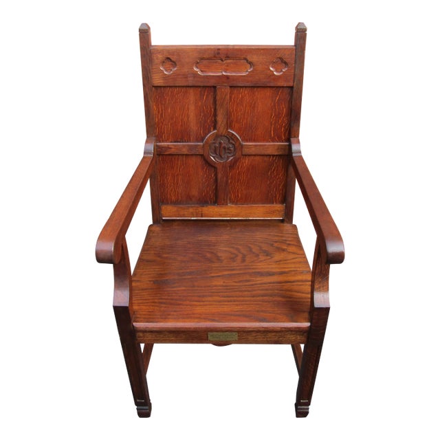 Antique Oak English Gothic Thrown Chair 1880s For Sale