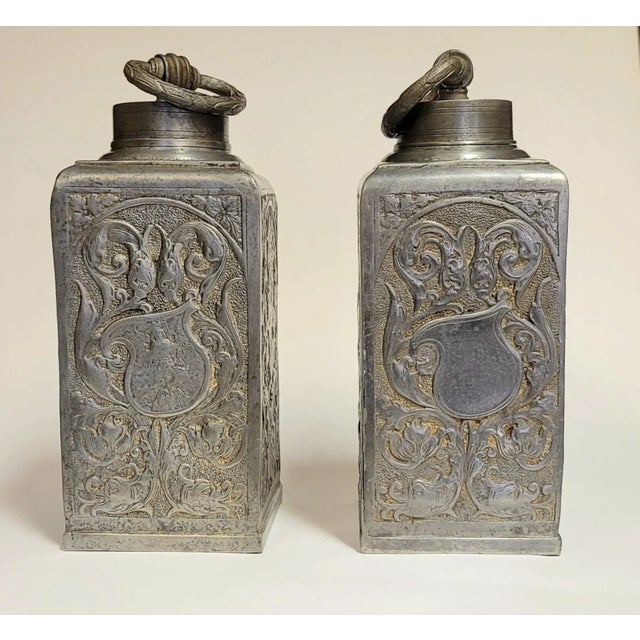 Pair 1890, Antique Pewter Tea Canister, Embossed With Heraldry, Germany Beautiful pair of antique German, pewter tea...