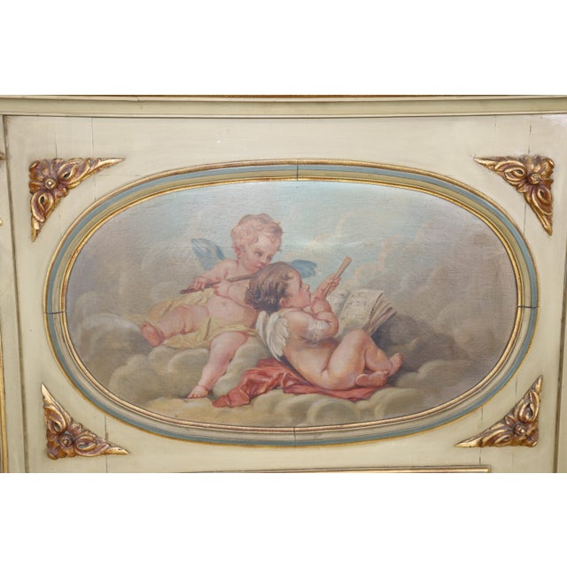 French Antique French Turn of the Century Louis XVI Hand Painted Trumeau Mirror For Sale - Image 3 of 10