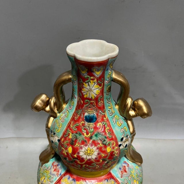 Rose Famille Rose Gilded Double Gourd Vase With Ruyi Handles, Chinoiserie Decor Vessel For Sale - Image 8 of 8