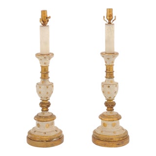 1940s Large Italian Gilt & Hand-Painted Candlestick Lamps For Sale