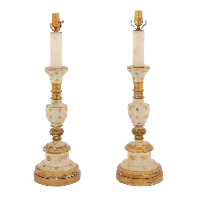 1940s Large Italian Gilt & Hand-Painted Candlestick Lamps For Sale