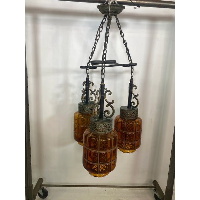Mid Century Spanish Gothic 3 Pendant Amber Swag Chandelier For Sale - Image 13 of 13