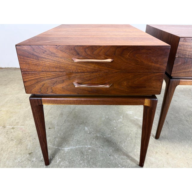 Brown Mid Century Modern Two-Drawer Walnut Nightstands / Side Tables Restored For Sale - Image 8 of 12