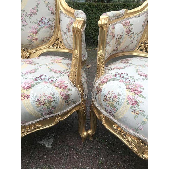 Gold Late 20c French Louis XVI Gilt Beech Damask Bergère – 2 PCS For Sale - Image 8 of 12