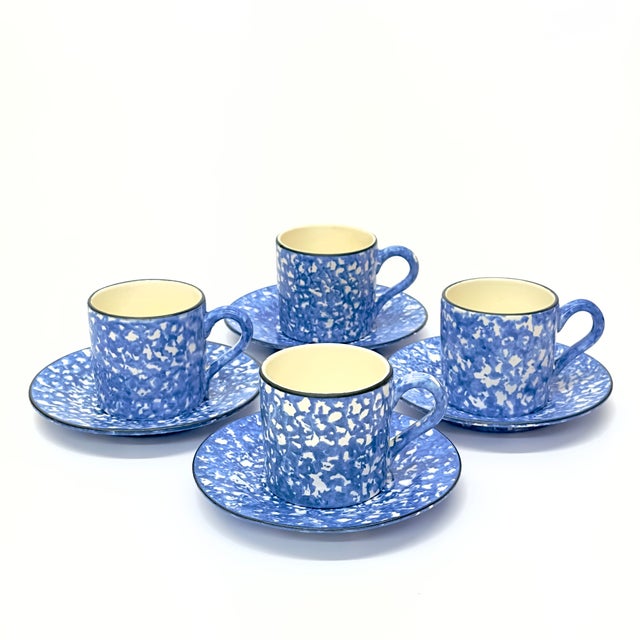 Blue and white dinnerware set, set of 13. A simply sweet set of 1970s, hand-painted, Stangl Town and Country spongeware...