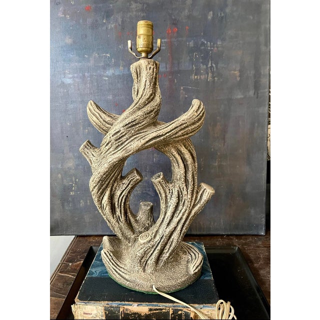 Wonderful chalkware plaster vintage lamp presented in the shape of drift wood curled and angled upward. Soft cream with...