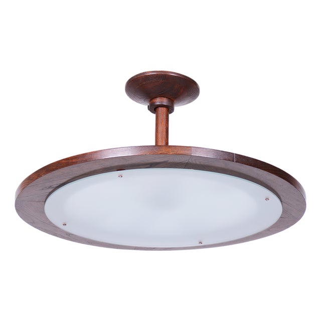 Mid-Century Ceiling Lamp in Oak and Frosted Glass, Czech, 1950s For Sale