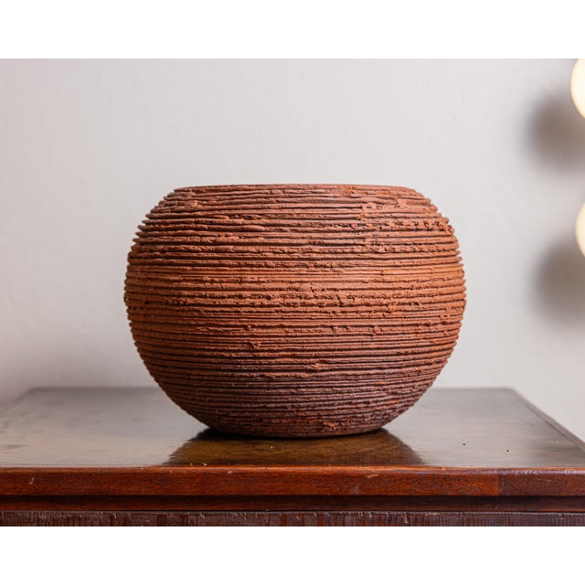 2000 - 2009 Sculptural Ribbed Terracotta Planter, California Modern Studio Pottery Style For Sale - Image 5 of 9