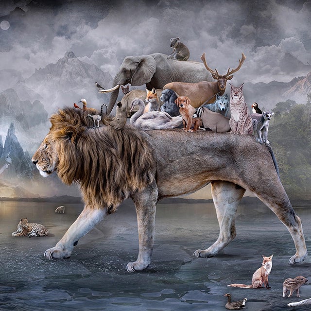This artwork depicts a majestic lion carrying a diverse assembly of animals on its back, set against a surreal landscape...