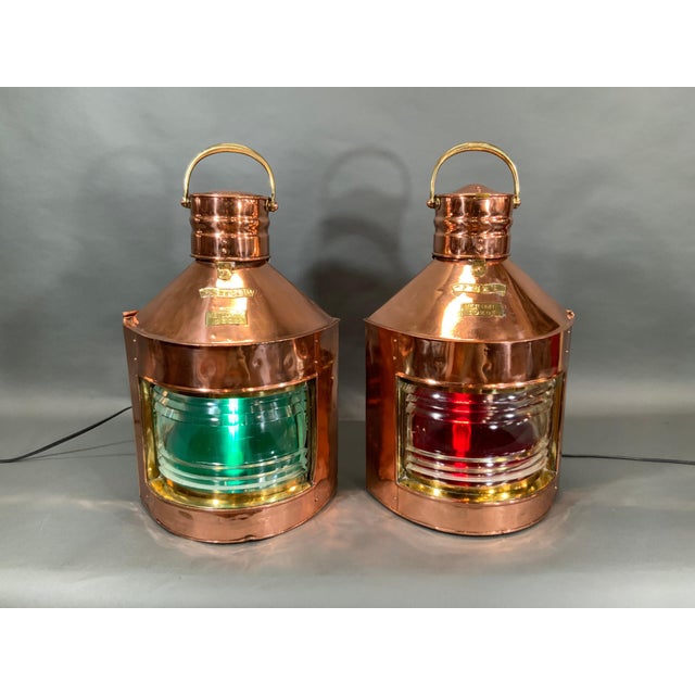 Pair of solid copper and brass ship's port and starboard ships lanterns by the venerable and famous English maker...