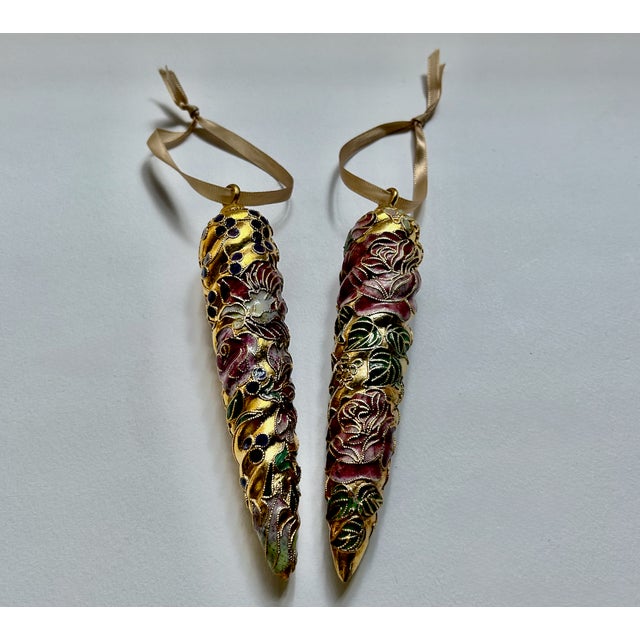Unmatched Boxed Pair of Filigree Cloisonné Hanging Ornaments with Crystals, 1990's. Featuring elongated Carrot / Pinecone...