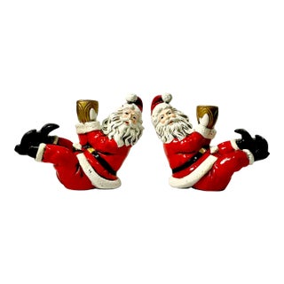 1950s Vintage Americana Boho Chic Whimsical Kick-Backed Santa Candle Holders - A Pair, Christmas For Sale