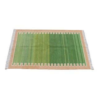 Handmade Cotton Rug, Green with Light Tan Geometric Border and Cream Fringe - 4'x6' For Sale