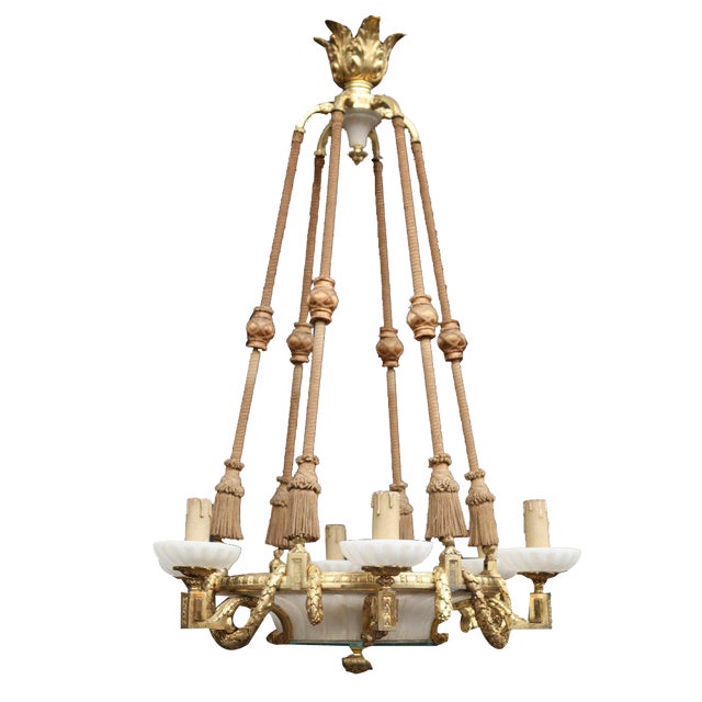 Large Chandelier in Gilded Bronze and Alabaster For Sale