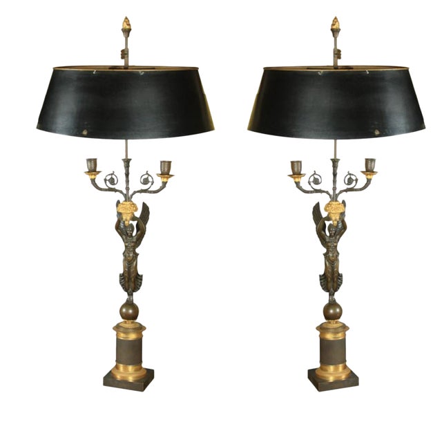 Vintage French Empire Style Candelabras Table Lamps With Shades a