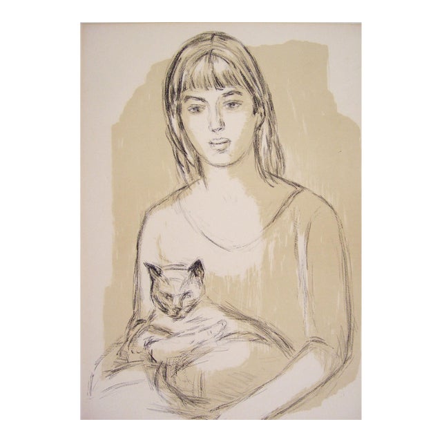 Mid 20th Century Swedish Einar Rosen Girl With Cat Lithograph For Sale