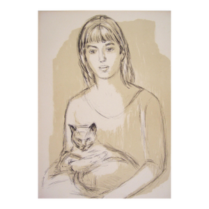 Mid 20th Century Swedish Einar Rosen Girl With Cat Lithograph