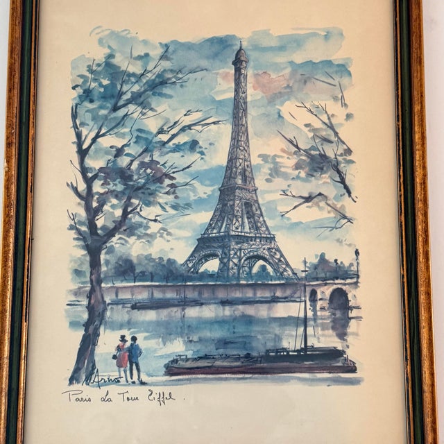 Mid-Century Modern 1960s Arno Paris Eiffel Tower Framed Watercolor-Style Print For Sale - Image 3 of 6